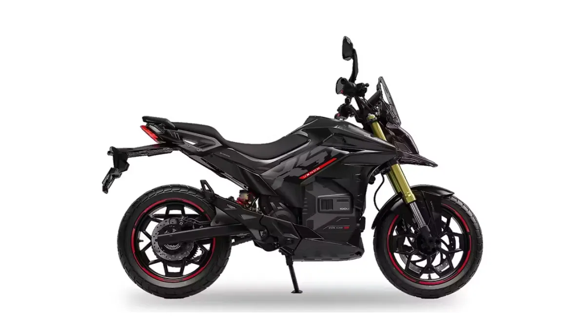 X-47 Venom electric motorcycle in Cosmic Black with dark bodywork and red wheel accents.