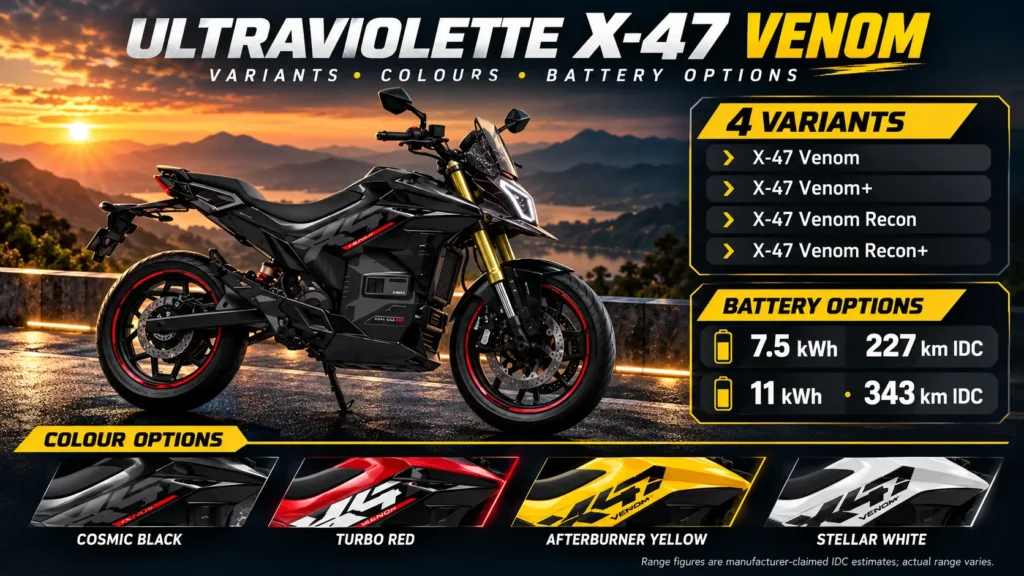 Ultraviolette X-47 Venom electric motorcycle variant comparison with four colour options and 7.5 kWh and 11 kWh battery ranges.