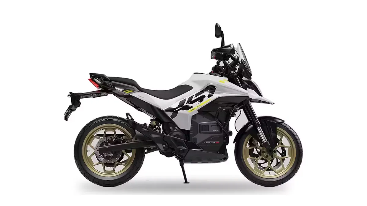 X-47 Venom electric motorcycle in Stellar White with contrasting black graphics and angular bodywork.