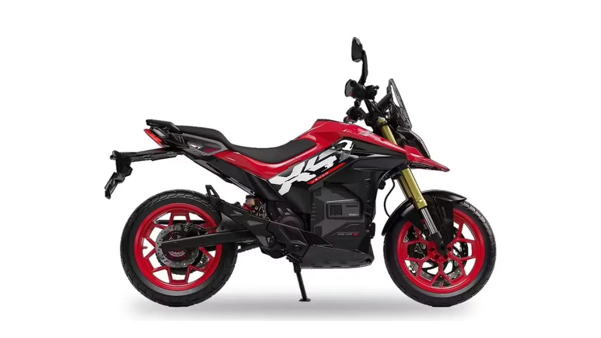 X-47 Venom electric motorcycle in Turbo Red with red body panels and sporty black detailing.